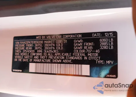 2016 Volvo Xc90 T6 Momentum z USA, uszkodzony, nr VIN YV4A22PK7G1056200